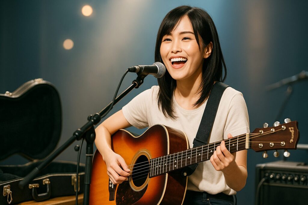 ギターケースからギターを取り出し、元気にステージで歌う女性ギタリスト