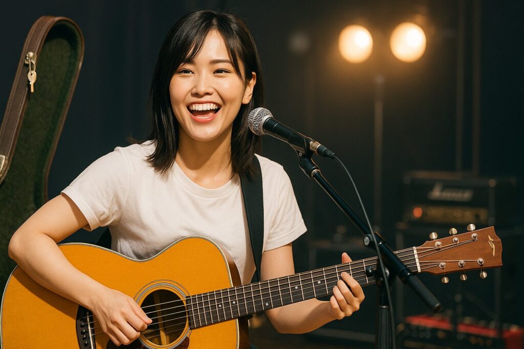 ギターケースの鍵をしっかり管理し、安心してステージで演奏する女性ギタリスト