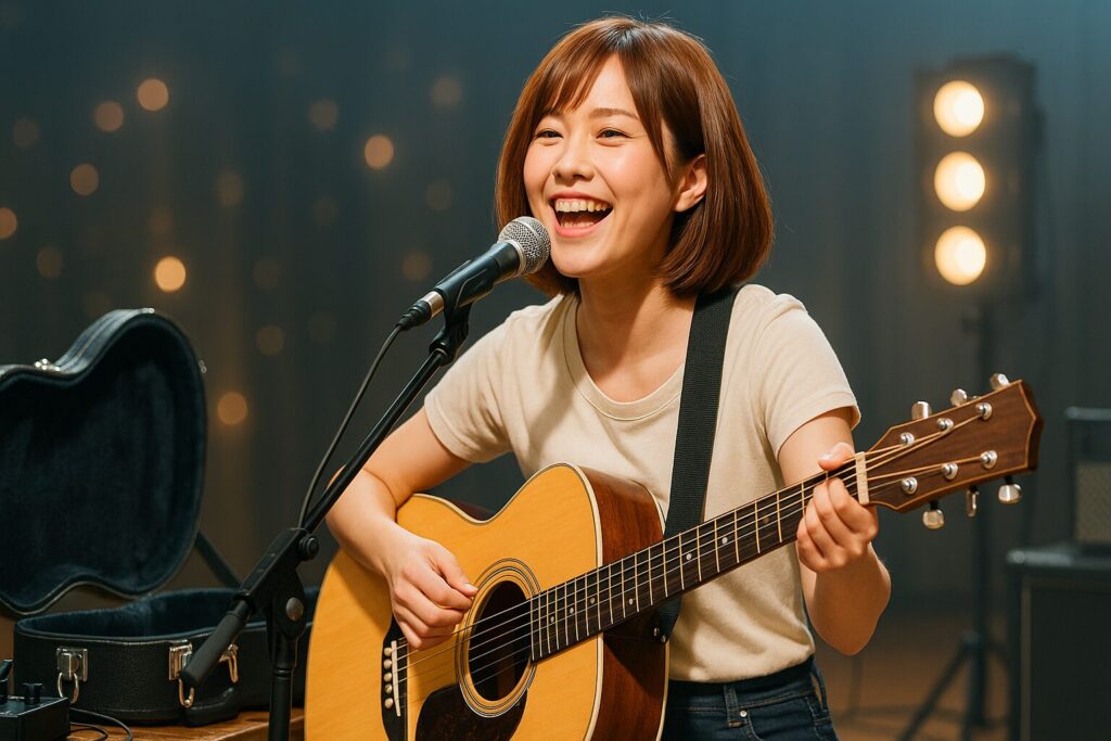 ギター用ハードケースからギターを取り出し、ステージで元気に歌う茶髪ボブの女性ギタリスト