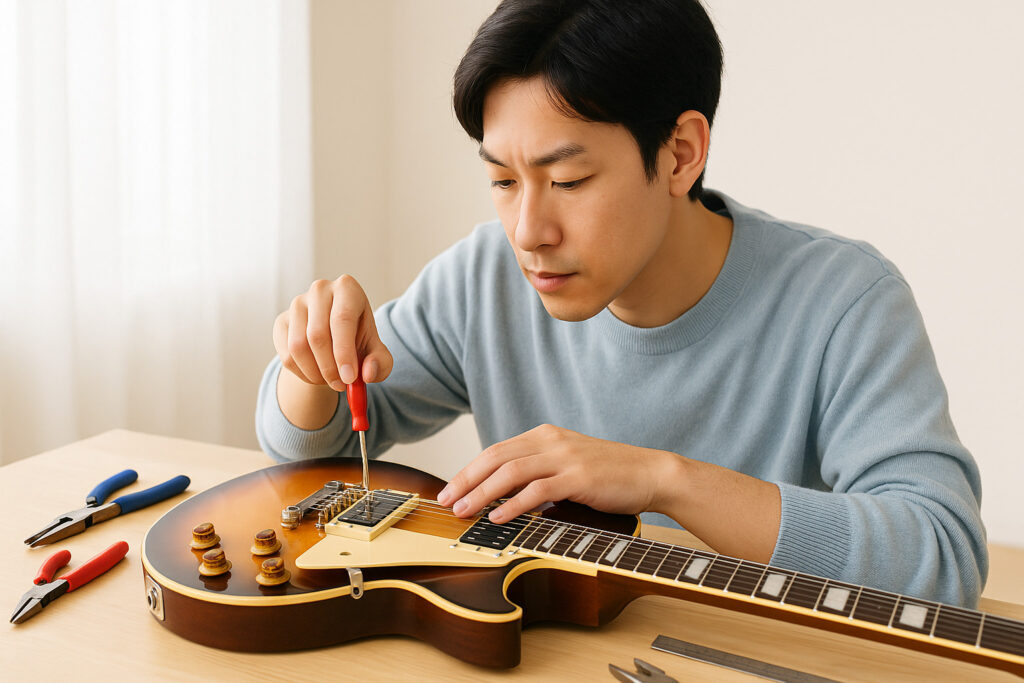 ヴィンテージエレキギターのピックアップを調整するクラフトマン