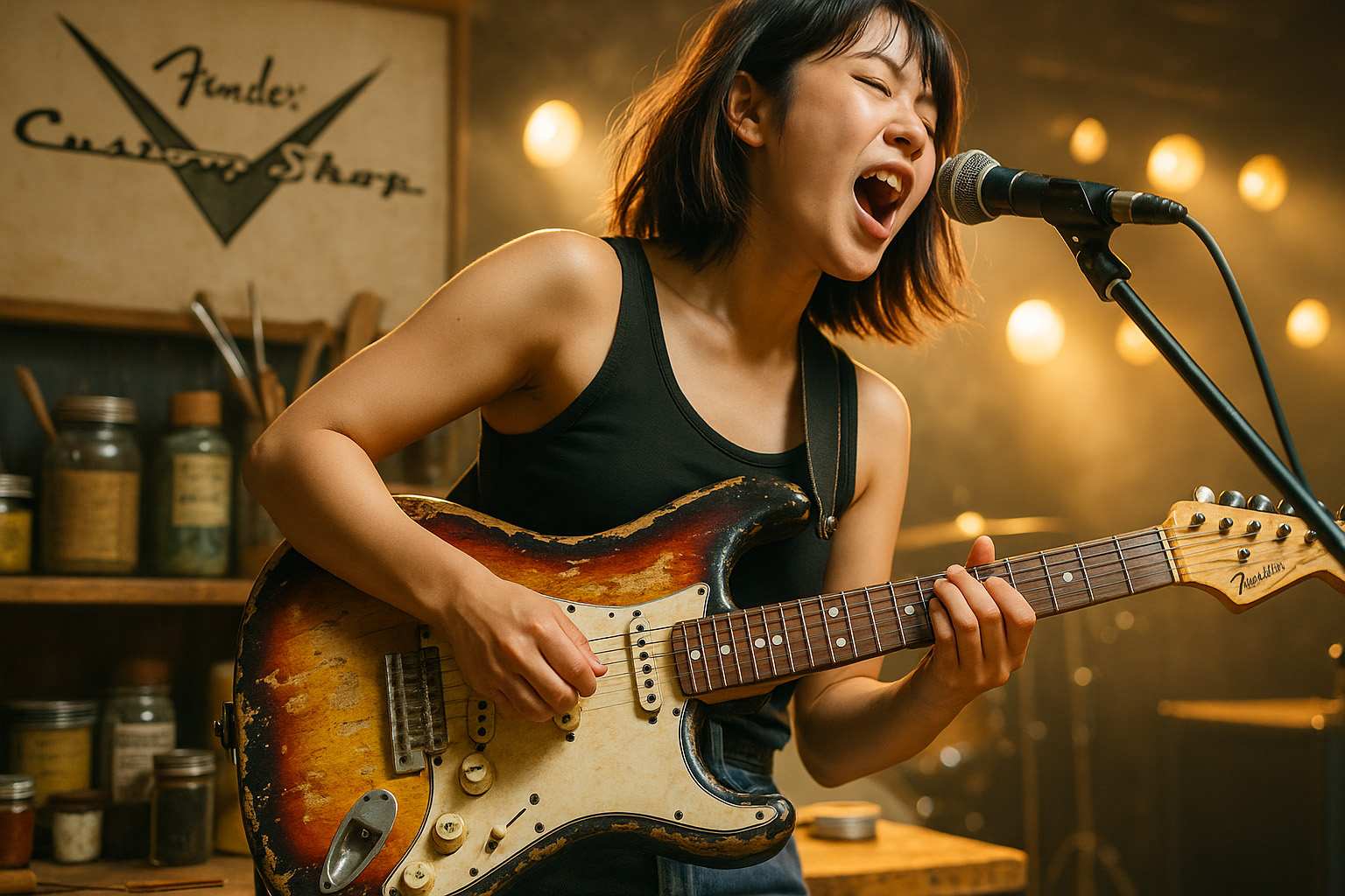 カスタムショップのストラトキャスターを使いステージで熱唱する女性ギタリスト