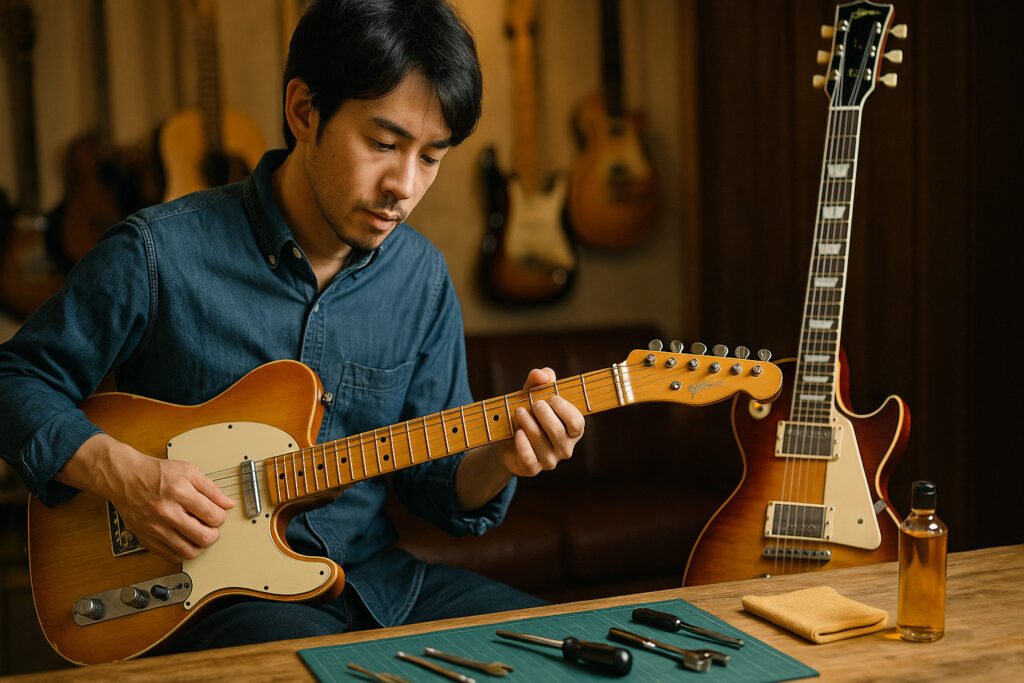 テレキャスターを演奏する日本人ギタリストと、隣に置かれたギブソン・レスポール