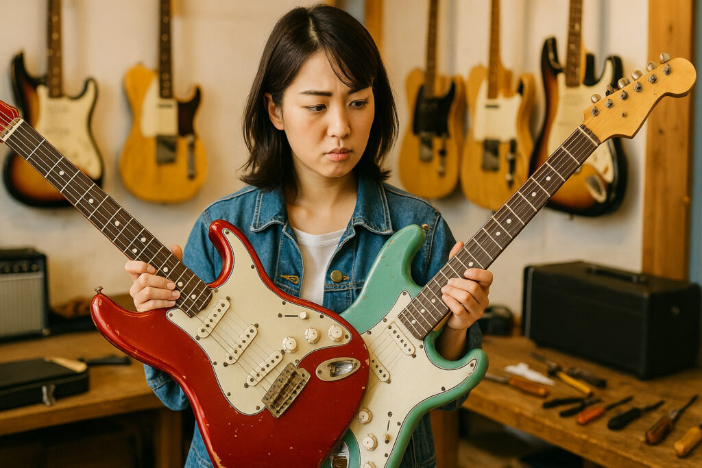 キャンディアップルレッドとシーフォームグリーンのストラトキャスターを見比べて悩むギタリスト
