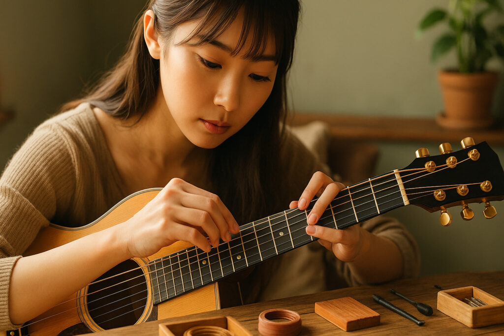 フォスファーブロンズ弦の魅力を伝えるために、ギターを調整するギタリスト