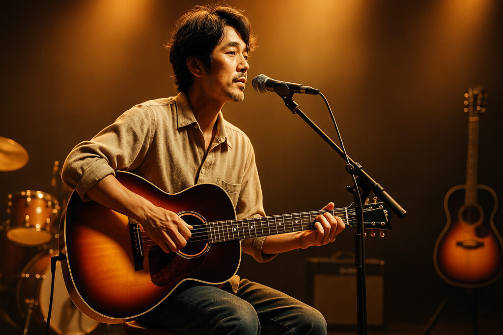 ステージでLG-1を爪弾きながら歌うシンガーのフォーク演奏シーン
