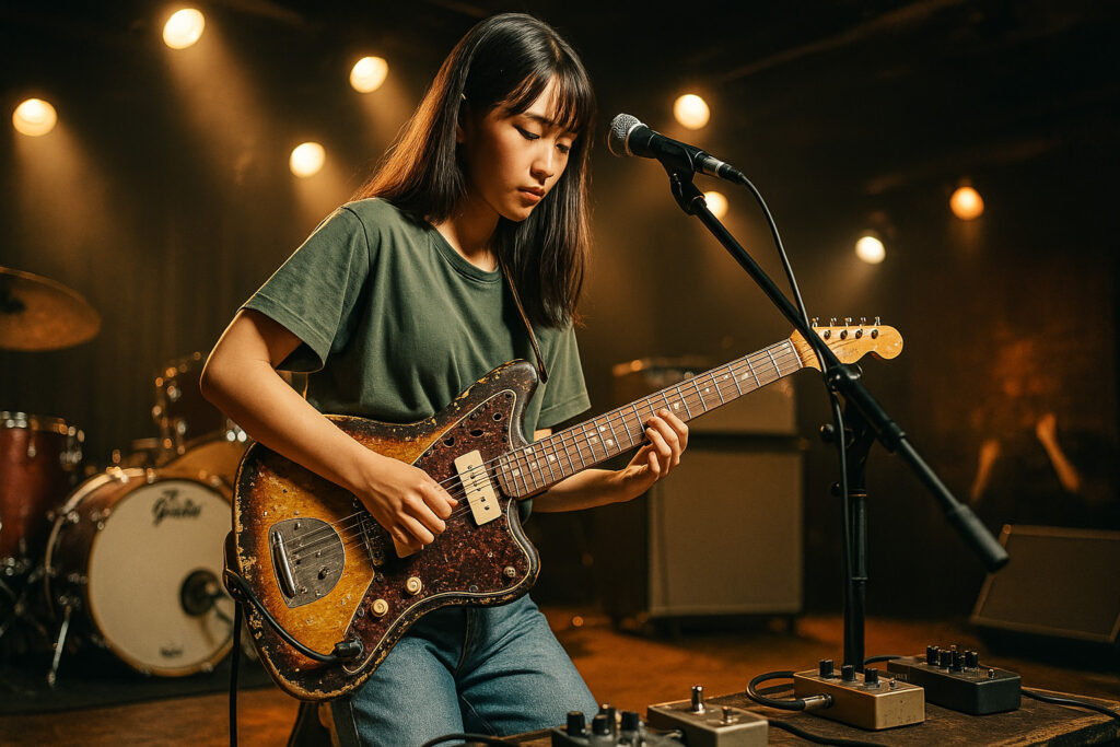 ラッカー塗装の影響を感じ取りながら演奏する女性ギタリスト