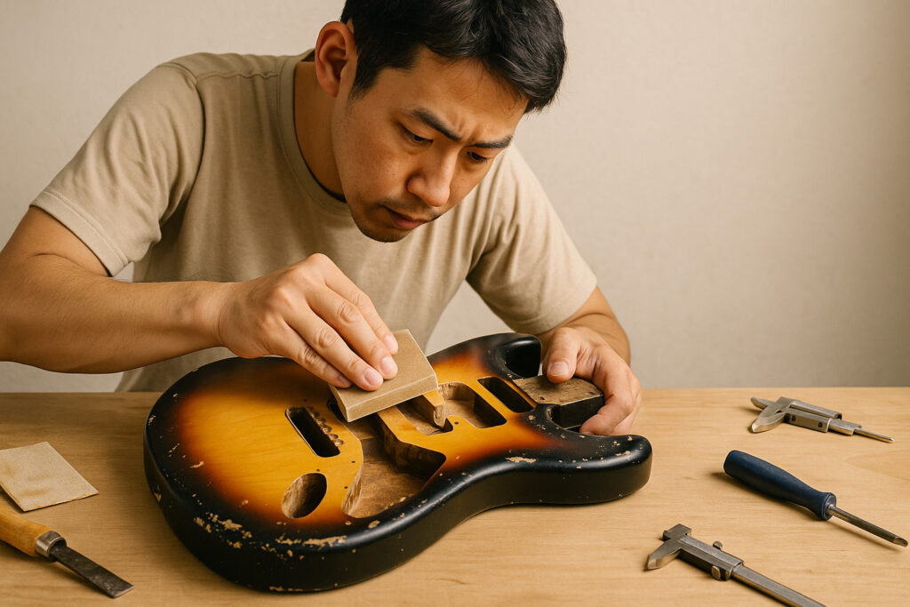 ヴィンテージギターをリフィニッシュしている真剣な職人