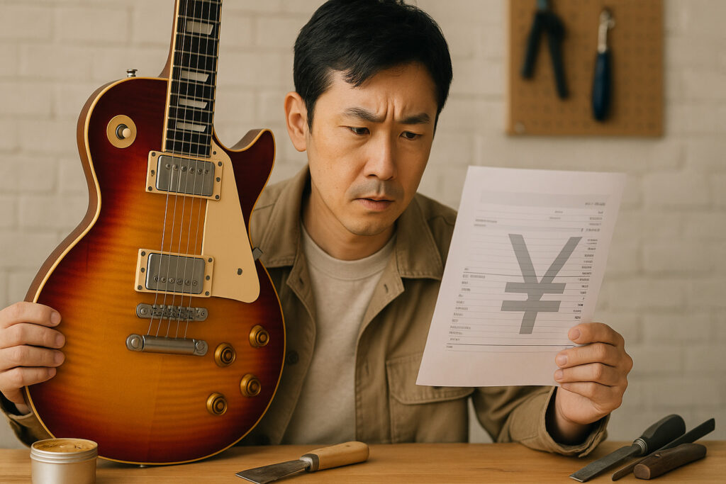 ヴィンテージギターと見積書を手にしたギタリストが、ワークショップで費用を確認している