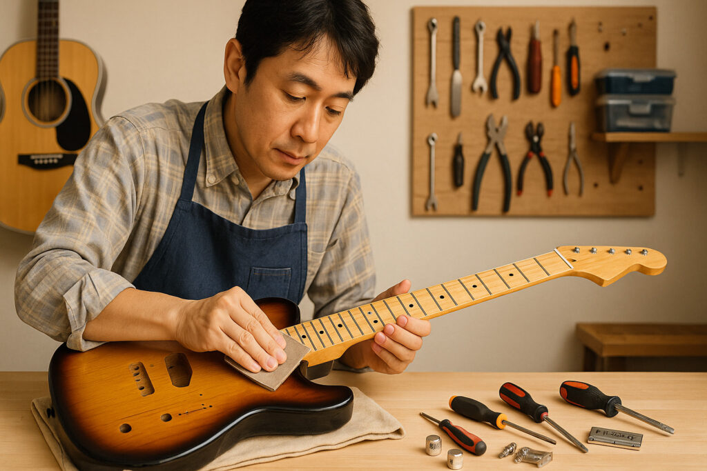 ヴィンテージギターをサンディングする職人と工具が並ぶ工房の風景
