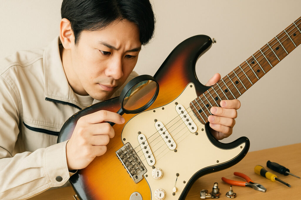 若いリペアマンがルーペを使ってヴィンテージギターを検査している様子