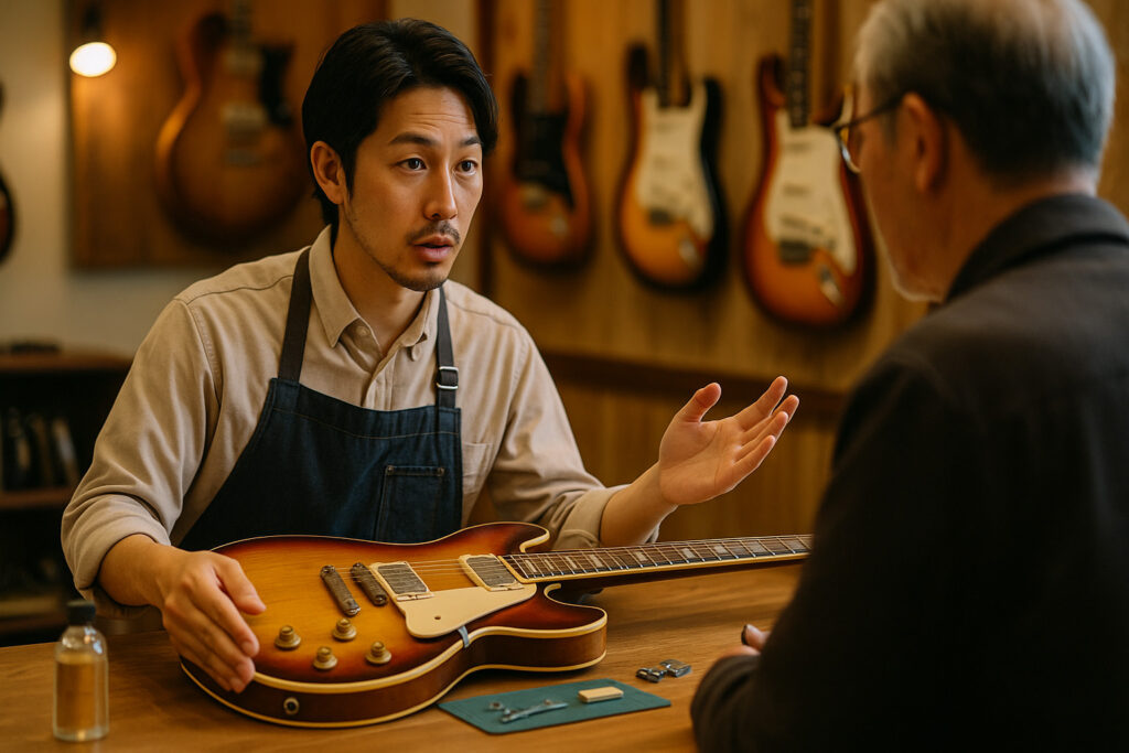 店員が、ヴィンテージギターのオリジナルパーツを活かした修理の料金について丁寧に説明している
