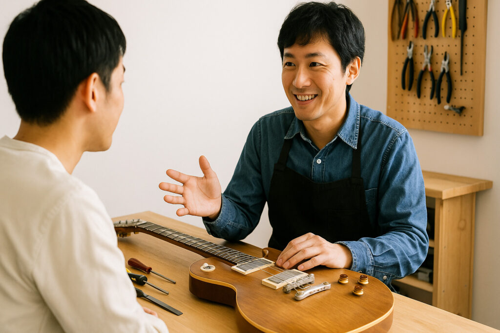 リペアショップで技術者と相談しているギタリスト