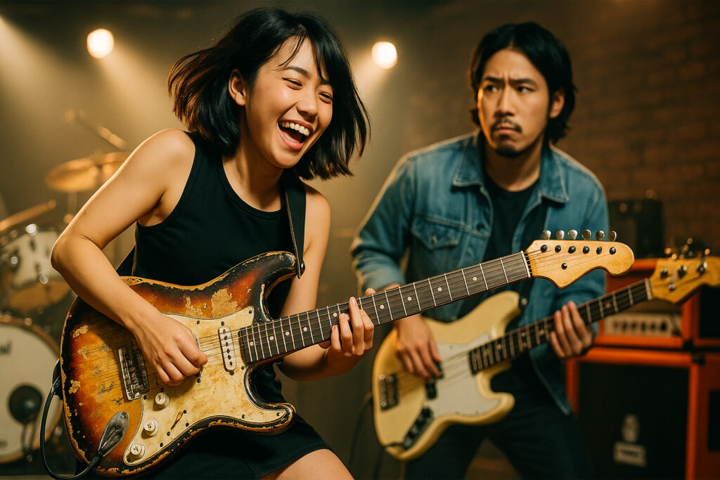 レリック加工ギターを楽しげに弾く女性ギタリストと、それを心配そうに見守るバンドメンバー