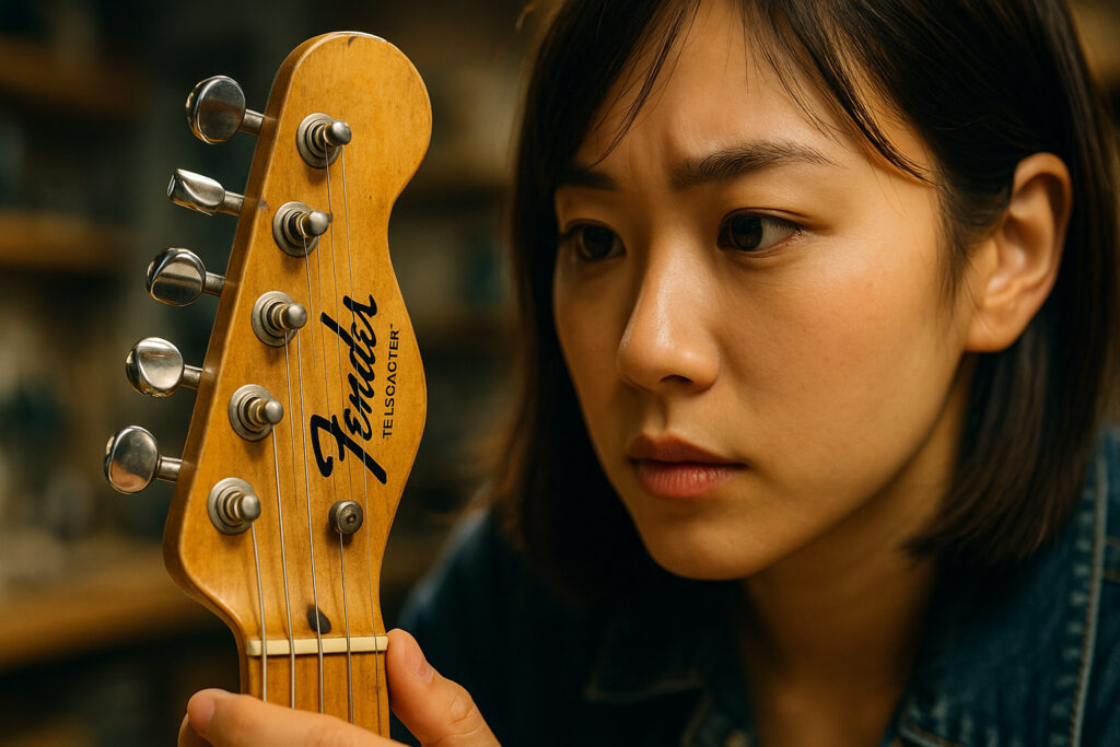 テレキャスターのヘッドロゴを間近で凝視し、真贋を慎重に見極めるギタリスト