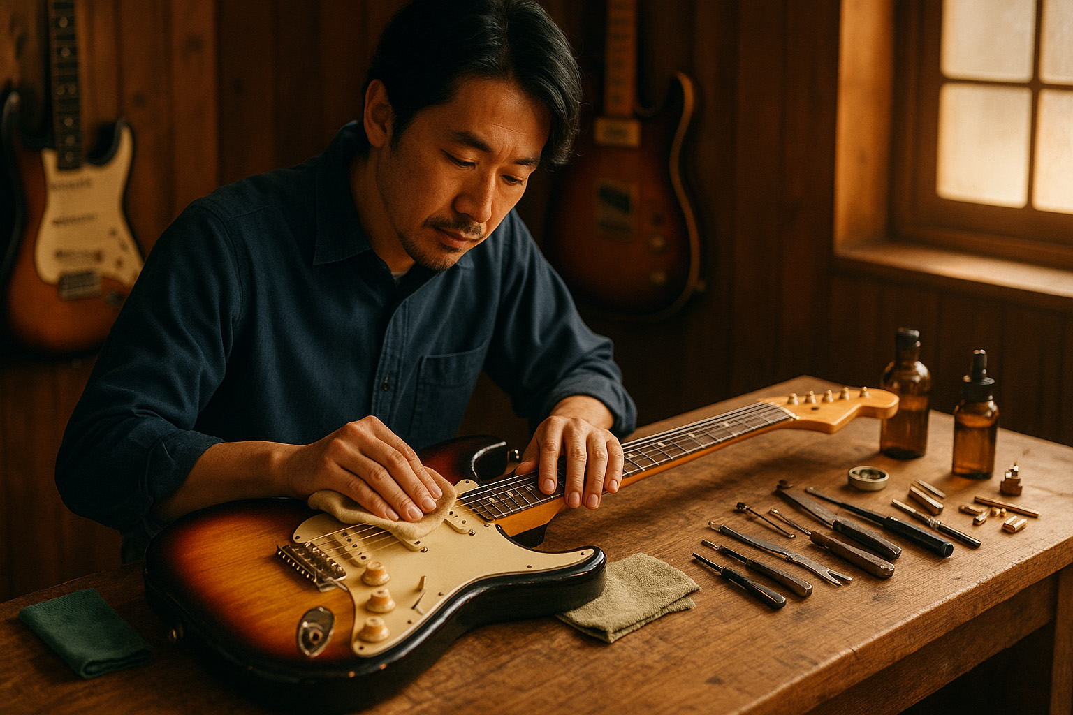 ヴィンテージギターを丁寧に磨く日本人職人