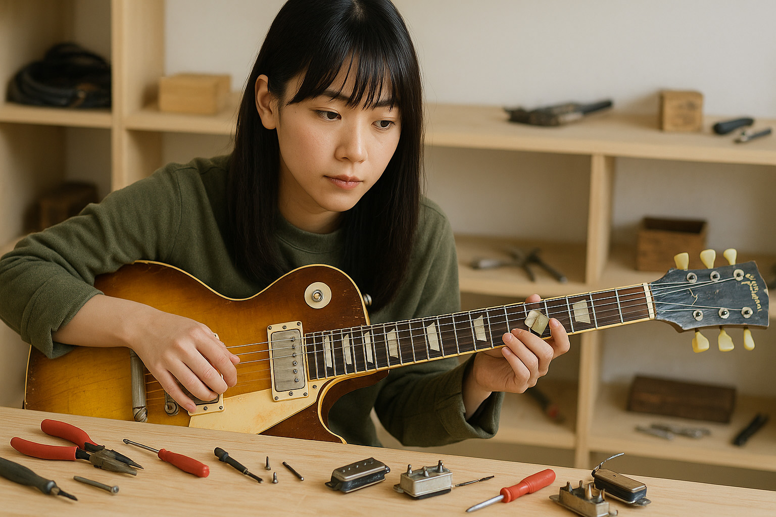 ヴィンテージギターを弾きながら修理を検討する女性ギタリスト