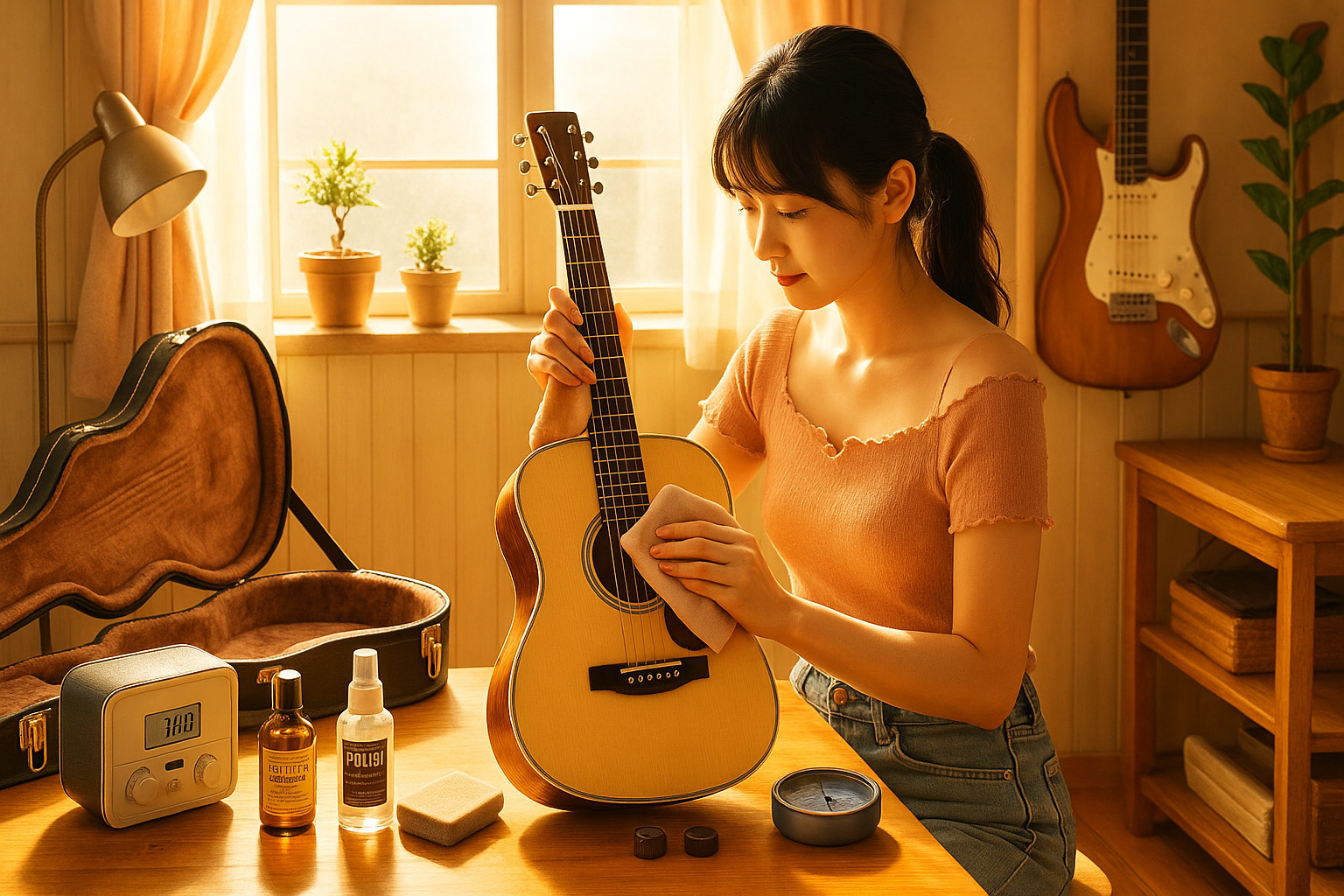 ギターを丁寧に磨くギタリストと保管用アイテムが整った室内