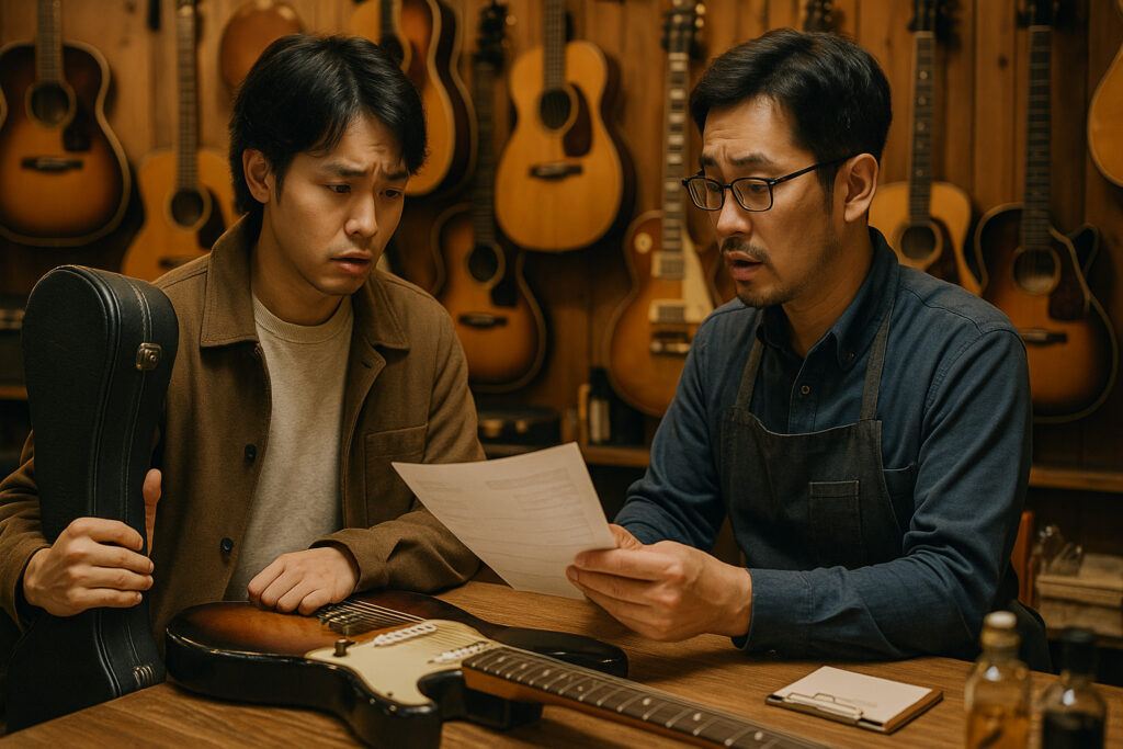 ギターショップのカウンターで店員と見積書を見ながら話している様子