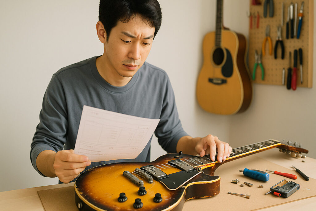 ヴィンテージギターのリペア料金を確認しながら整備内容を検討するギタリスト