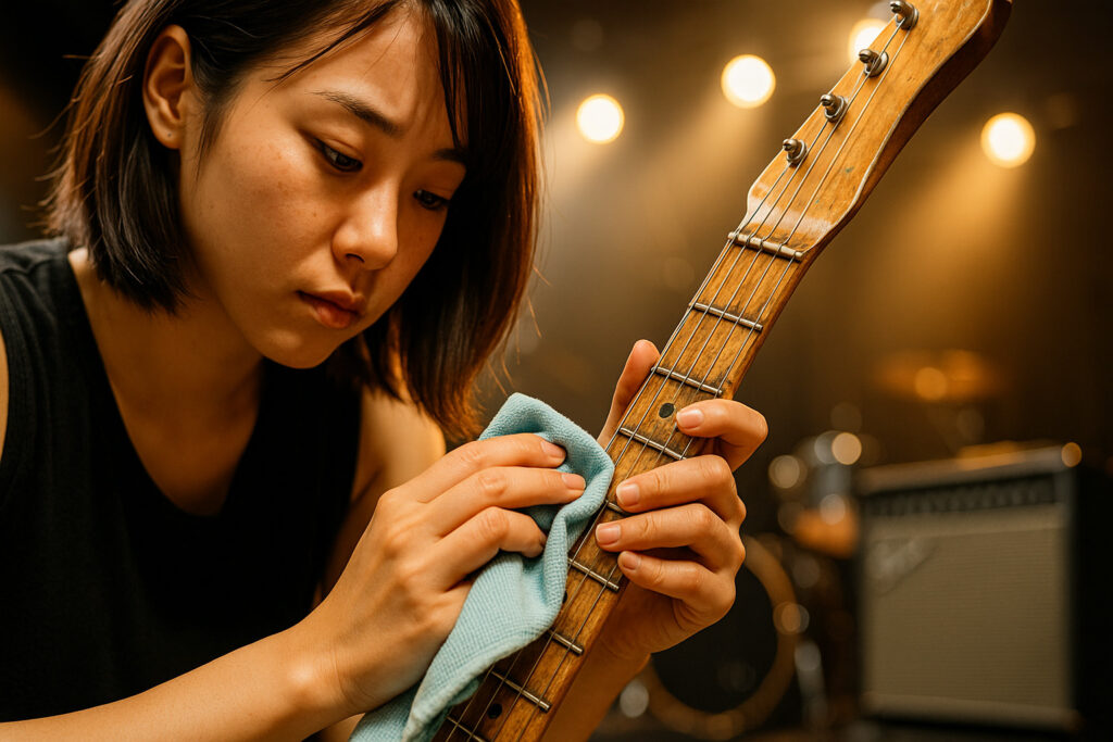 ステージ終了後にヴィンテージギターのネックを丁寧に拭いているギタリスト