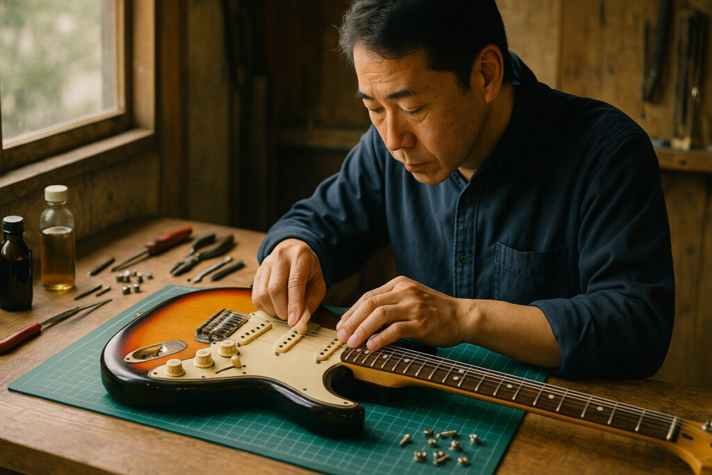 ストラトキャスターをメンテナンスする日本人職人
