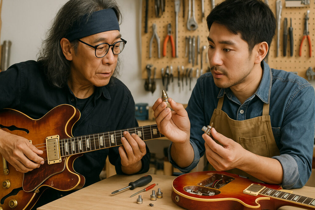 ヴィンテージギターの音質に関わるポット交換について相談するギタリストとクラフトマン