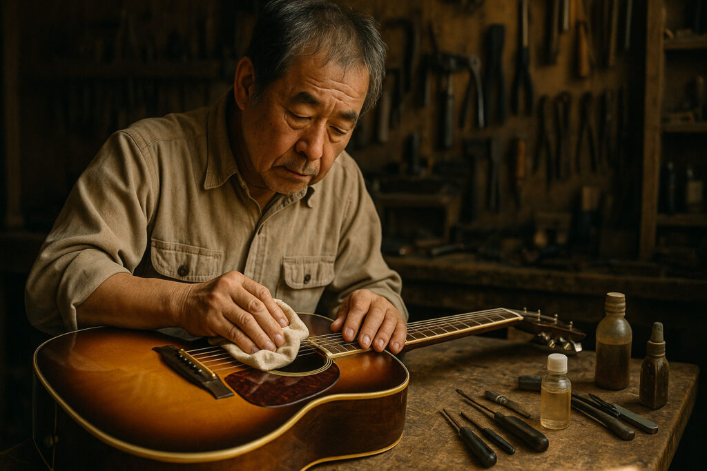 熟練の日本人職人がヴィンテージギターをクリーニングしている様子
