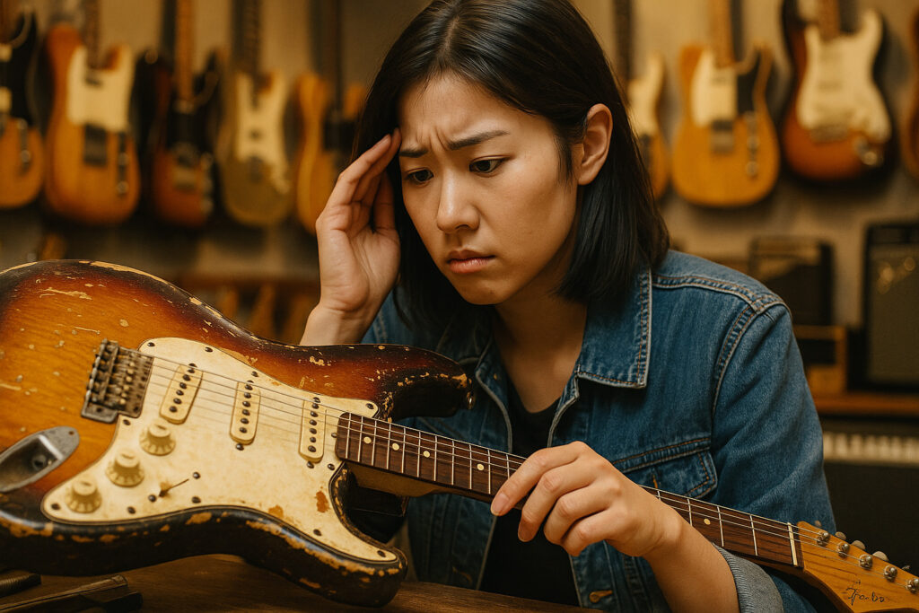 中古のストラトキャスターを観察し、不自然な塗装剥がれに気づいて落胆するギタリスト