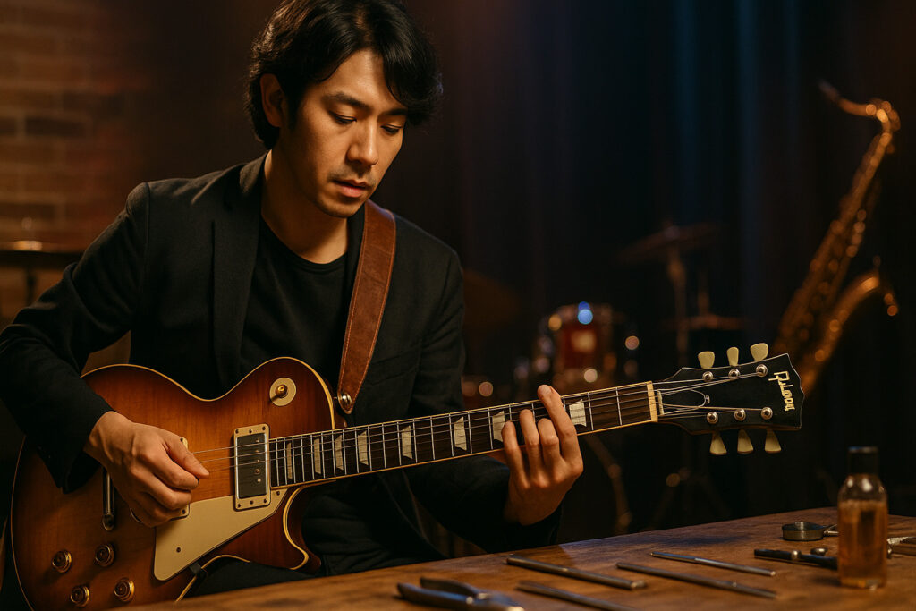 スタジオでギブソン・レスポールを演奏する日本人ギタリスト