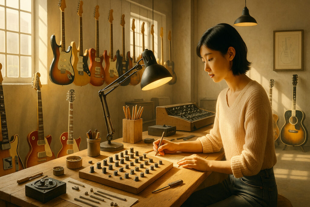 ヴィンテージギターの設計に集中する日本人女性の様子