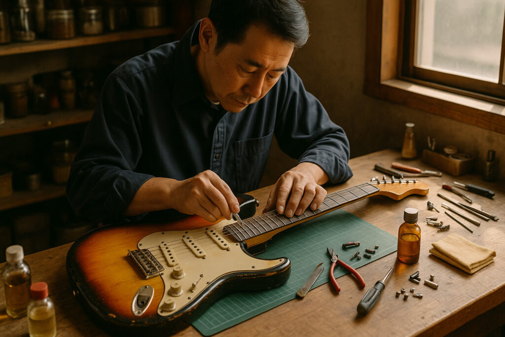 ヴィンテージギターを手入れする日本人職人