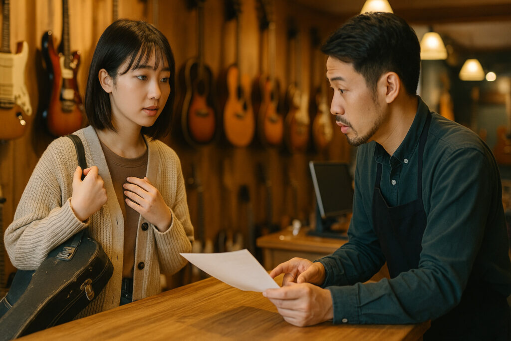 ギターショップのカウンターで、料金表を見ながら店員の説明を真剣に聞く女性