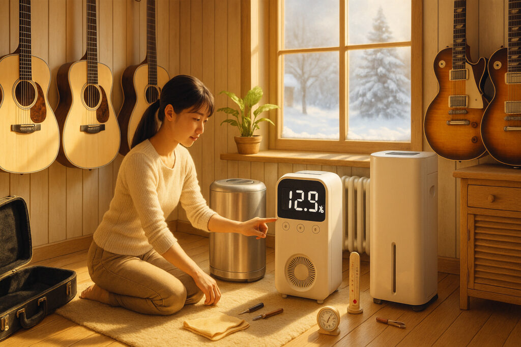 冬季の室内で湿度を確認しながらギターの保管環境を整える