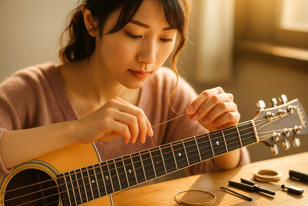 弦の太さによる音色と弾きやすさの違いを丁寧に確かめながらギターを調整する20代日本人女性の様子