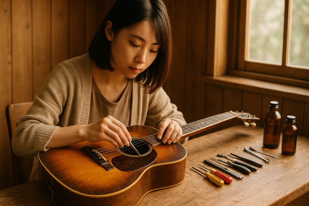 ヴィンテージギターの弦を調整する日本人女性職人