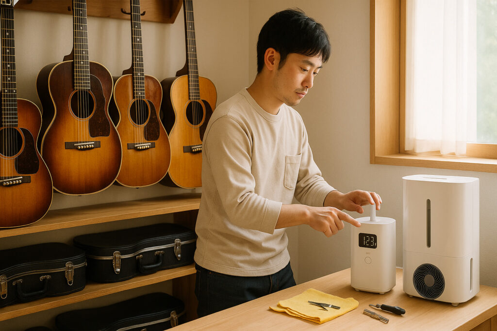 ヴィンテージギターの保管環境を丁寧に管理する愛好家