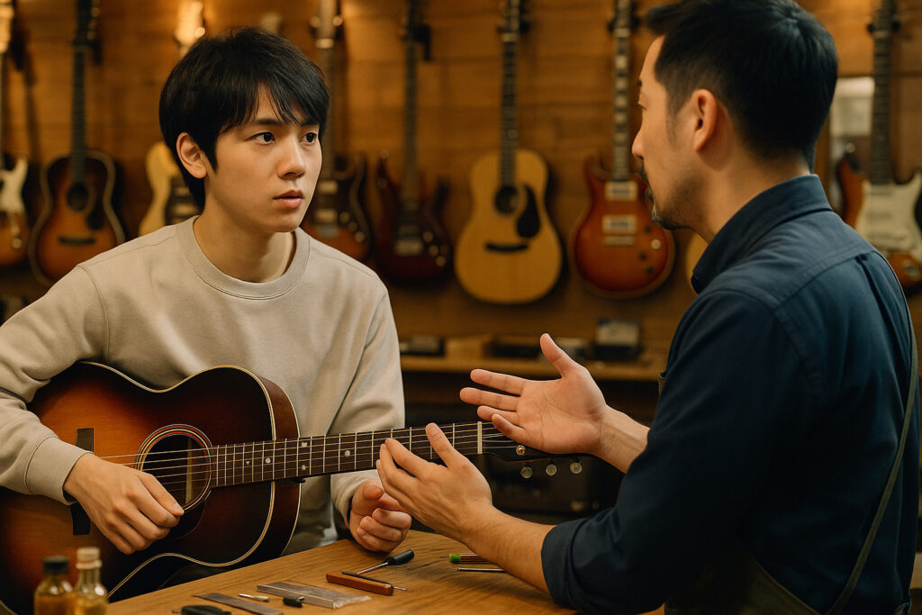 ギターショップでアコースティックギターを手にした若い男性が、店員の説明に真剣に耳を傾けている