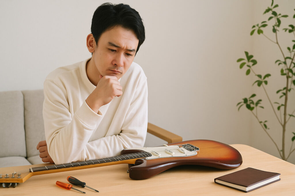 ヴィンテージギターを慎重にチェックするギタリスト。購入前のギターの状態を確認している。