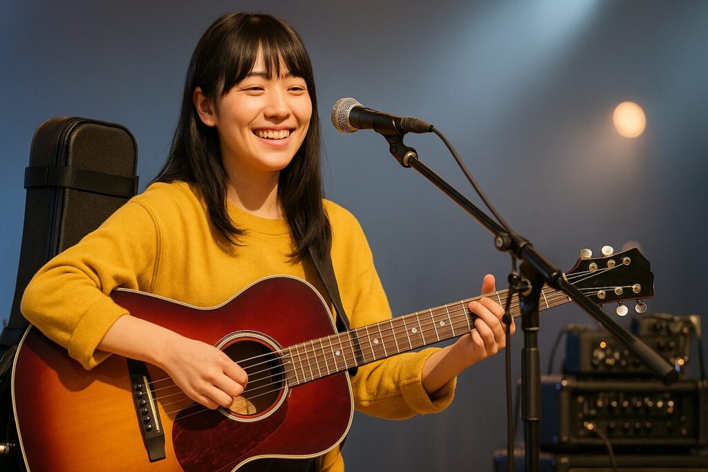 鍵を使わずに安全にギターを運搬し、ステージで笑顔で演奏する女性ギタリスト