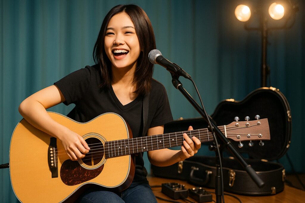 ギター用ハードケースから取り出したギターでステージ演奏を楽しむギタリスト