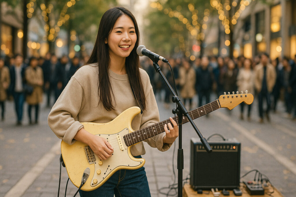 音の違いでわかるヴィンテージギターの特徴を示すため、盛況なストリートで演奏する
