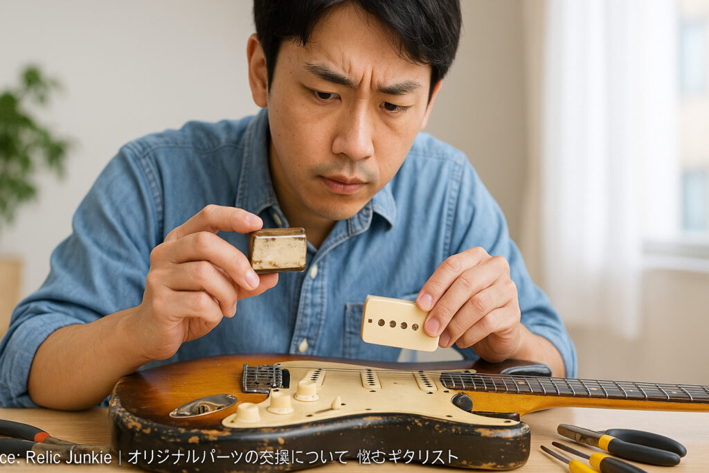 ヴィンテージギターのオリジナルパーツ交換を前に悩むリペアマン