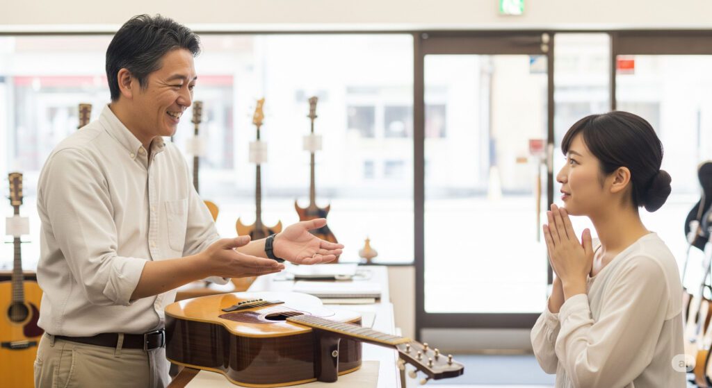 初めてのギター査定でも安心な流れをイメージさせる、ギターショップで店員から説明を受け、安心した表情の女性客